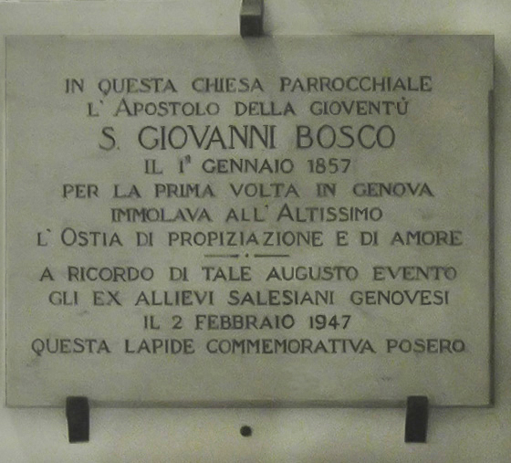Lapide commemorativa della prima messa celebrata a Genova nella chiesa di San Sisto da Don Bosco